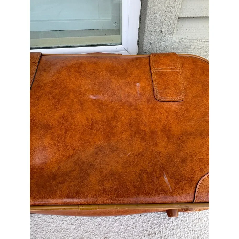 vintage 1970s tan faux-leather carry on suitcase luggage 70s jet set masculine